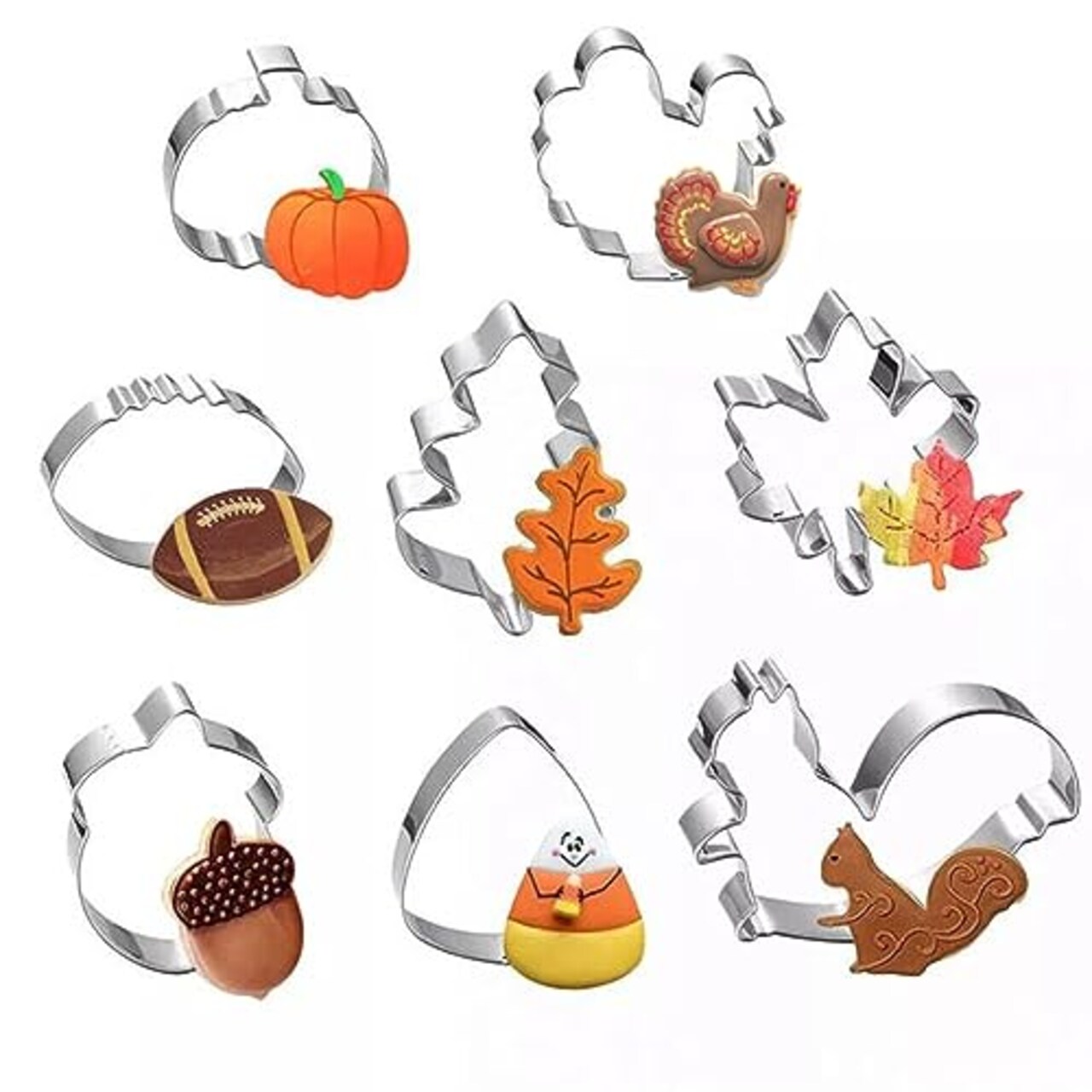 8 Pieces Fall Thanksgiving Cookie Cutters Set - Pumpkin, Football,Turkey, Maple Leaf, Oak Leaf,Squirrel,Candy Corn and Acorn- Stainless Steel